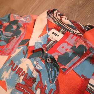 y2k OBEY Men's Short Sleeve Button Up Shirt Graphic Print XL